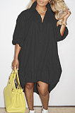 White Lapel Neck Long Sleeve Single-Breasted Loose Drawable Hem Shirt Dress WY6838-1