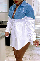 White Fashion Jean Spliced Lapel Collar Long Sleeve Single-Breasted Shirt Dress WY6836-1