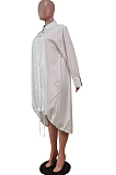 Black Lapel Neck Long Sleeve Single-Breasted Loose Drawable Hem Shirt Dress WY6838-3