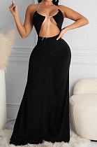 Black Women Halter Neck Solid Color Backless Swing Long  Dress ASY6608-1