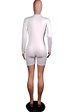 White Casual Round Neck Long Sleeve Zipper Tight Romper Shorts WY6656-1