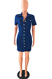 Dark Blue Elastic Lapel Neck Short Sleeve Single-Breasted Slim Fitting Jean Midi Dress JLX6057-2