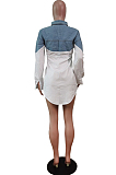 White Fashion Jean Spliced Lapel Collar Long Sleeve Single-Breasted Shirt Dress WY6836-1