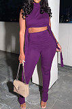Purple Women Pure Color Shirred Detail Split Sleeveless Tiny Flared Casual Long Pants Sets ASY8831-2
