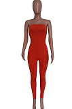 Rose Red Solid Color Sexy Mid Waist Strapless Bodycon Jumpsuits HM5493-4