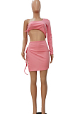 Pink Sexy One Sleeve Crop Top Eyelet Bandage Skirts Sets NYF8040-3