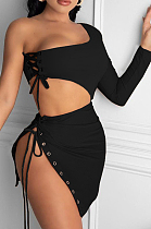 Black Sexy One Sleeve Crop Top Eyelet Bandage Skirts Sets NYF8040-4