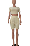 Khaki Short Sleeve O Collar Crop T-Shirt Shorts Solid Color Casual Sets NYF8047-2