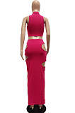 Khaki Fashion Prue Color Stand Collar Sleeveless Zipper Dew Waist Hollow Out Tight Skirt Sets NYF8076-3
