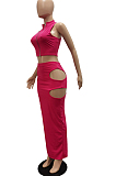 Rose Red Fashion Prue Color Stand Collar Sleeveless Zipper Dew Waist Hollow Out Tight Skirt Sets NYF8076-2