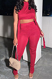 Rose Red Women Pure Color Shirred Detail Split Sleeveless Tiny Flared Casual Long Pants Sets ASY8831-1