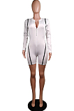 White Casual Round Neck Long Sleeve Zipper Tight Romper Shorts WY6656-1