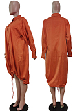Orange Lapel Neck Long Sleeve Single-Breasted Loose Drawable Hem Shirt Dress WY6838-2