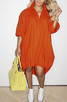 Orange Lapel Neck Long Sleeve Single-Breasted Loose Drawable Hem Shirt Dress WY6838-2