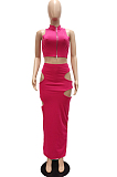 Khaki Fashion Prue Color Stand Collar Sleeveless Zipper Dew Waist Hollow Out Tight Skirt Sets NYF8076-3