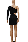 Khaki Sexy One Sleeve Crop Top Eyelet Bandage Skirts Sets NYF8040-1