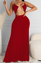 Red Women Halter Neck Solid Color Backless Swing Long  Dress ASY6608-2