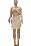 Khaki Sexy One Sleeve Crop Top Eyelet Bandage Skirts Sets NYF8040-1