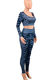 Camo Gray Women Long Sleeve U Neck Casual Sport Backless Tight Yoga Suits Pants Sets PY0833