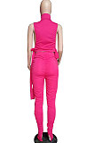 Rose Red Women Pure Color Shirred Detail Split Sleeveless Tiny Flared Casual Long Pants Sets ASY8831-1