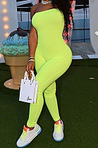 Neon Green Solid Color Sexy Mid Waist Strapless Bodycon Jumpsuits HM5493-5