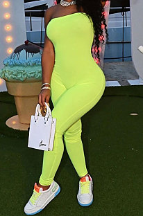 Neon Green Solid Color Sexy Mid Waist Strapless Bodycon Jumpsuits HM5493-5