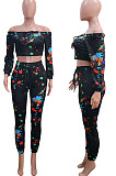 Colorful Yellow Splask-Ink Print A Word Shoulder Long Sleeve Dew Waist Carrot Pants Two-Piece SN390186 -2