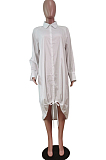 White Lapel Neck Long Sleeve Single-Breasted Loose Drawable Hem Shirt Dress WY6838-1