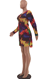 Rainbow Casual Print Long Sleeve Single-Breasted Mini Shirt Dress LSZ91179-1