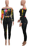 Colorful Yellow Splask-Ink Print A Word Shoulder Long Sleeve Dew Waist Carrot Pants Two-Piece SN390186 -2