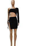 Black Sexy One Sleeve Crop Top Eyelet Bandage Skirts Sets NYF8040-4