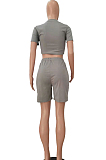 Grey Short Sleeve O Collar Crop T-Shirt Shorts Solid Color Casual Sets NYF8047-4