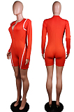 Red Casual Round Neck Long Sleeve Zipper Tight Romper Shorts WY6656-2