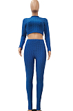 Bright Blue Scale Lines Long Sleeve Round Neck Crop Top High Waist Bodycon Pants Casual Sets NYF8011-2