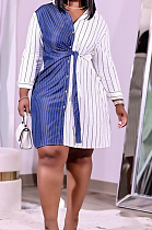 Blue Plus Size Women Stripe Print Lapel Neck Single-Breasted Bandage Shirt Dress QSS51027-1
