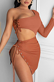 Rose Red Sexy One Sleeve Crop Top Eyelet Bandage Skirts Sets NYF8040-5
