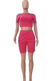 Rose Red Short Sleeve O Collar Crop T-Shirt Shorts Solid Color Casual Sets NYF8047-1