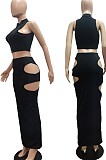 Black Fashion Prue Color Stand Collar Sleeveless Zipper Dew Waist Hollow Out Tight Skirt Sets NYF8076-1