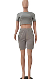 Khaki Short Sleeve O Collar Crop T-Shirt Shorts Solid Color Casual Sets NYF8047-2