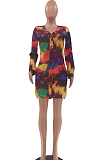 Rainbow Casual Print Long Sleeve Single-Breasted Mini Shirt Dress LSZ91179-1
