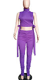 Blue Women Pure Color Shirred Detail Split Sleeveless Tiny Flared Casual Long Pants Sets ASY8831-3