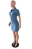 Dark Blue Elastic Lapel Neck Short Sleeve Single-Breasted Slim Fitting Jean Midi Dress JLX6057-2