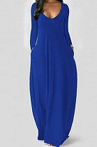Blue Autumn Winter Pure Color Sexy V Neck Long Sleeve Long Dress XQ1137-4