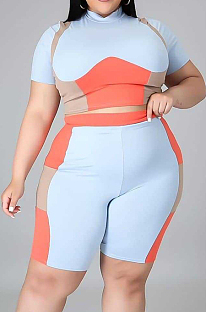 Light Blue Plus Size Women Contrast Color Print O Neck Short Sleeve T-Shirt High Waist Shorts Sport Sets XUY9108-1