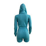 Gray Women Solid Color Blouse Sport Casual Zipper Shorts Sets XQ1140-1
