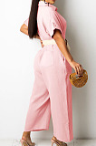Wine Red Casual Solid Color Lapel Collar Single-Breasted Short Sleeve Wide Leg Jumpsuits TRS1169-4