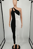 Black White Personality Oblique Shoulder Hollow Out Spliced Bodycon Jumpsuits XMY070-2