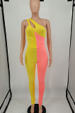 Yellow Blue Personality Oblique Shoulder Hollow Out Spliced Bodycon Jumpsuits XMY070-1