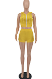 Yellow Cotton Blend New Sleeveless Dew Crop Zipper Hoodie High Waist Shorts Sport Sets XMY071-4