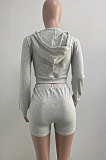 Gray Women Solid Color Blouse Sport Casual Zipper Shorts Sets XQ1140-1